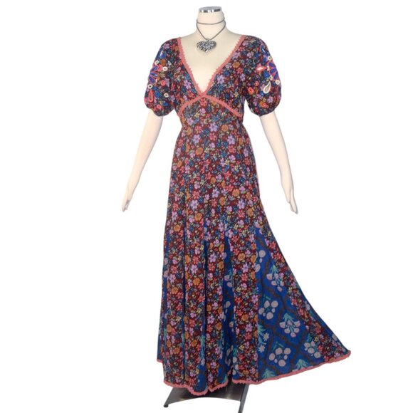 Kitsch & Pop Floral Maxi Dress Puff Embroidered Sleeves Boho L - Picture 1 of 9